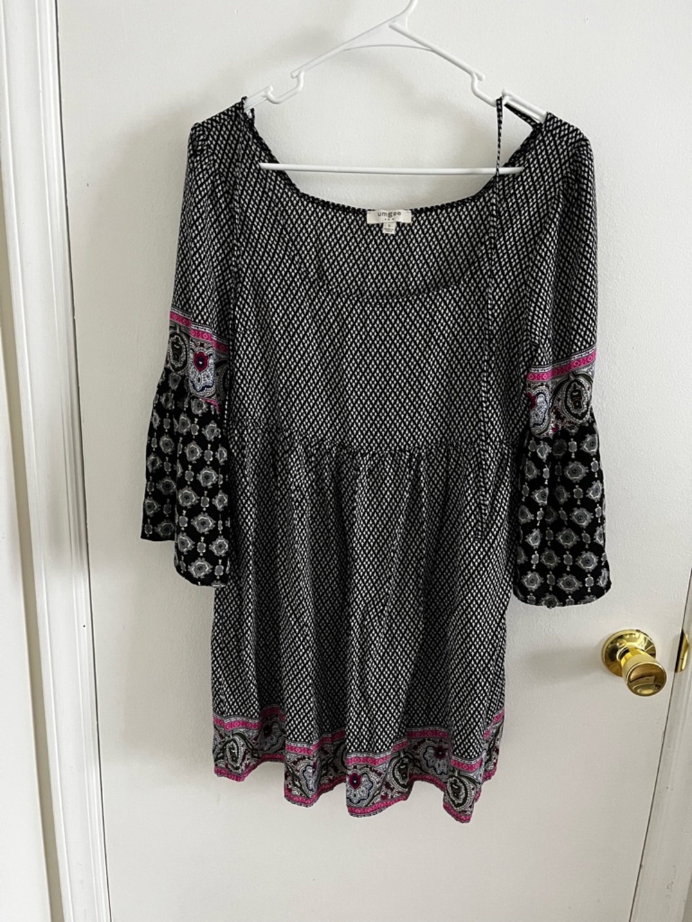 Umgee Black Patterned Peasant Dress with Pink Accents
